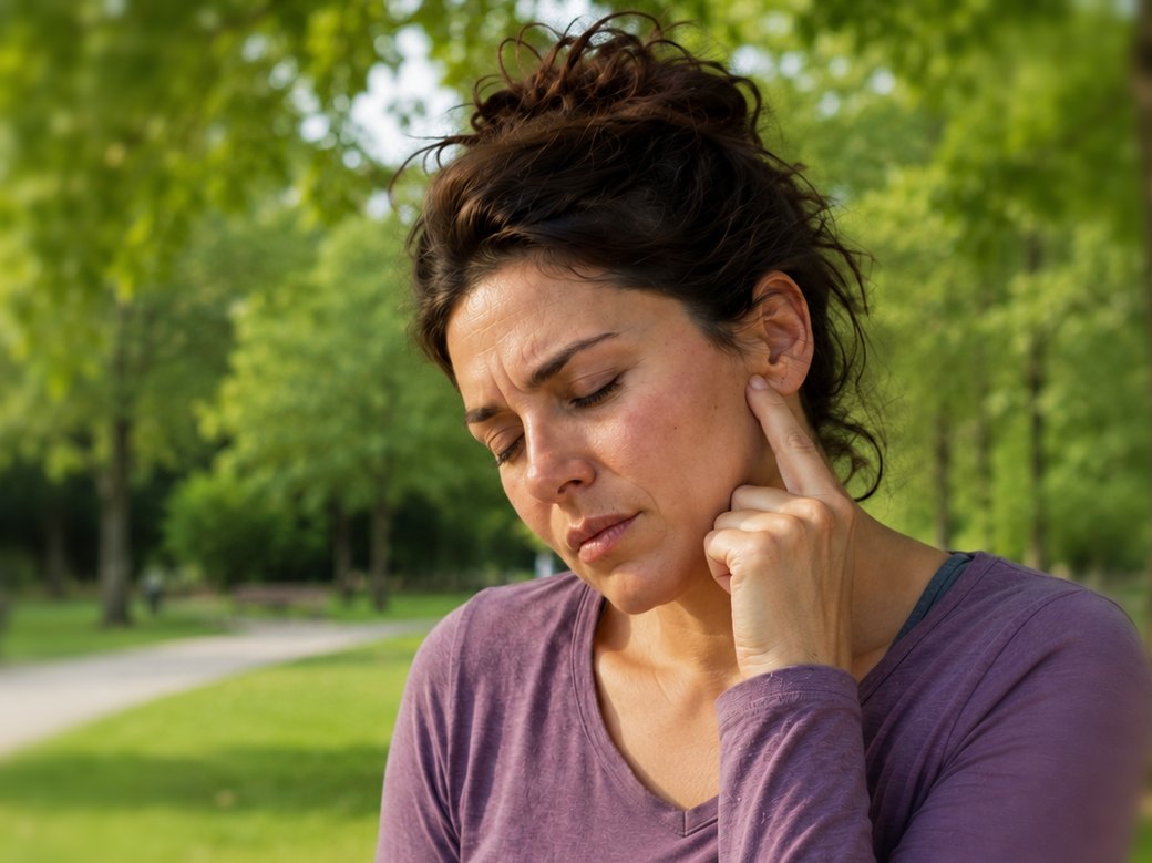 Mujer con dolor de la articulación temporomandibular, señalando la zona delante del oído