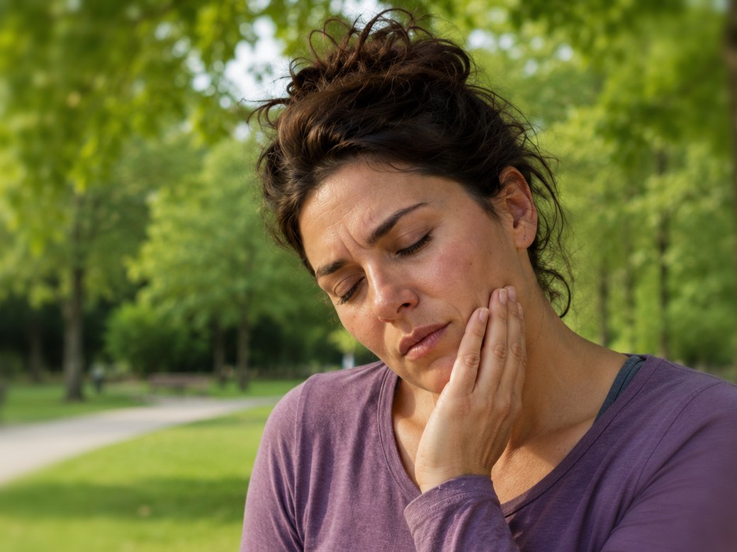 Mujer con dolor facial sosteniéndose la mejilla