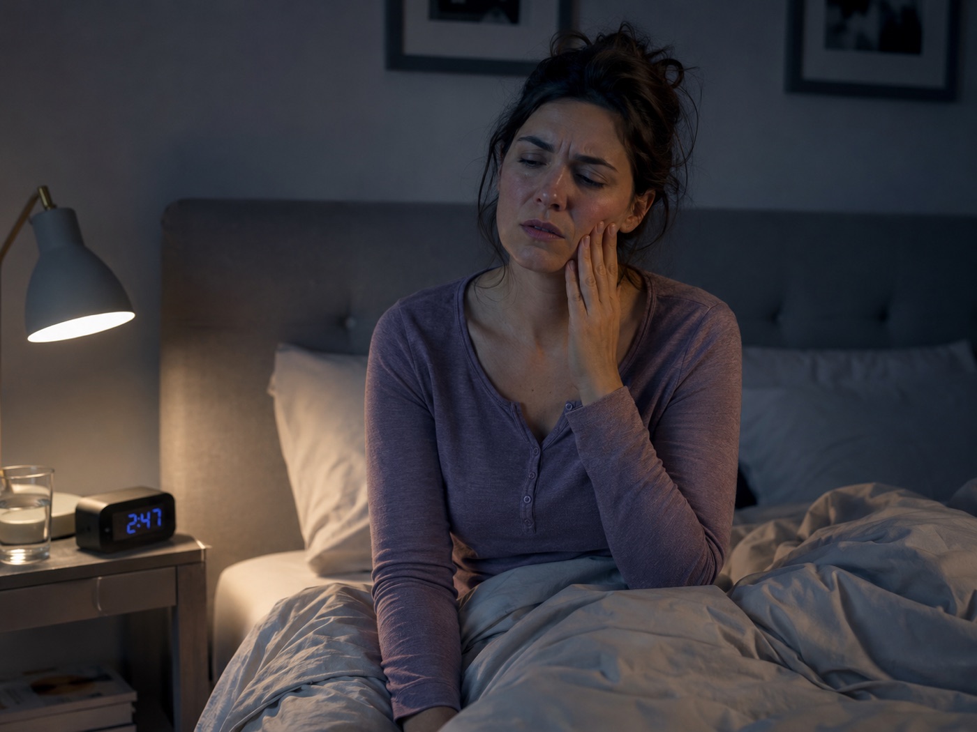 Mujer despierta de noche con dolor mandibular, sin poder descansar